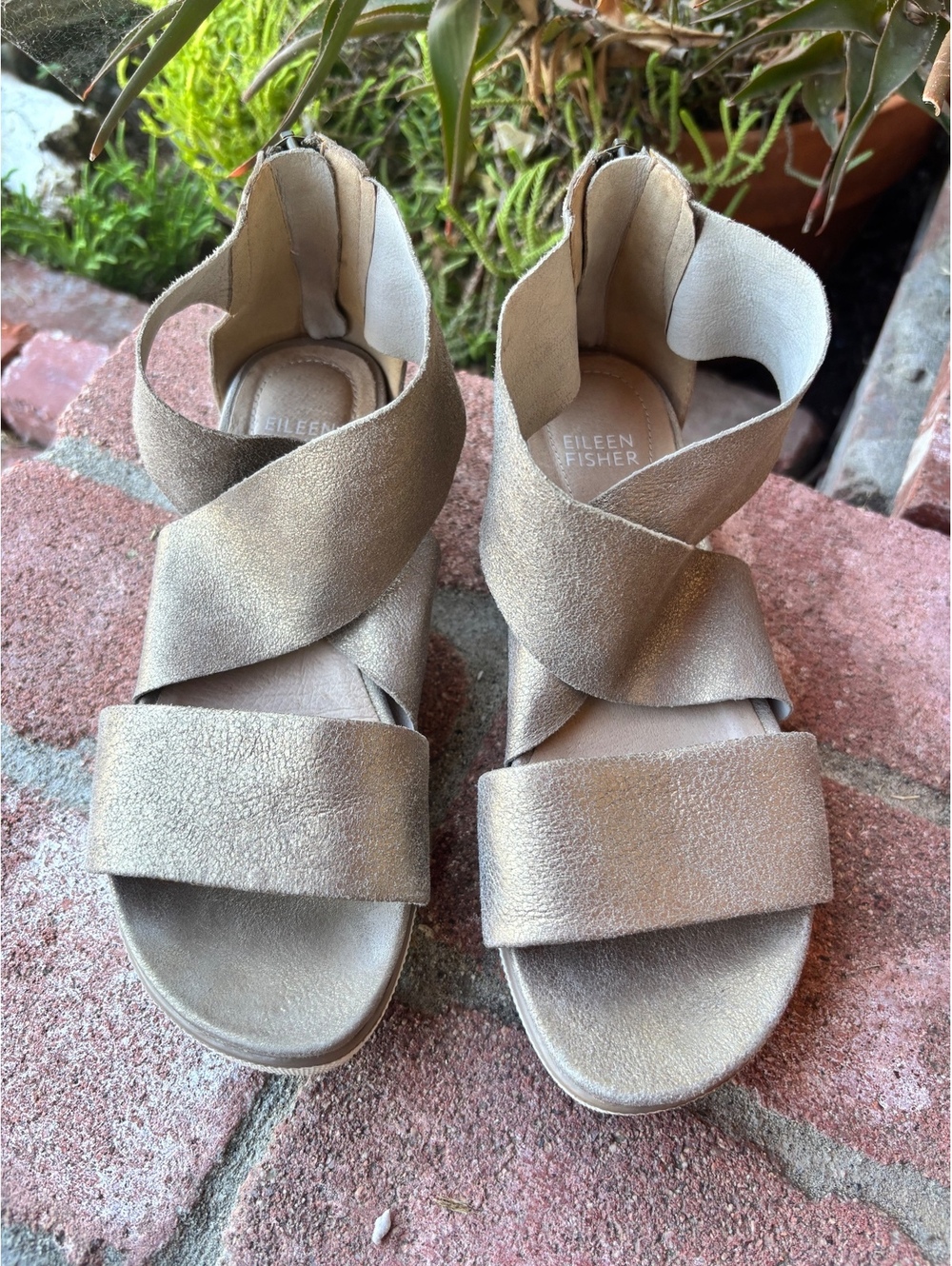 Eileen Fisher Metallic Taupe Suede Sandals with Back Zipper, Size 6
